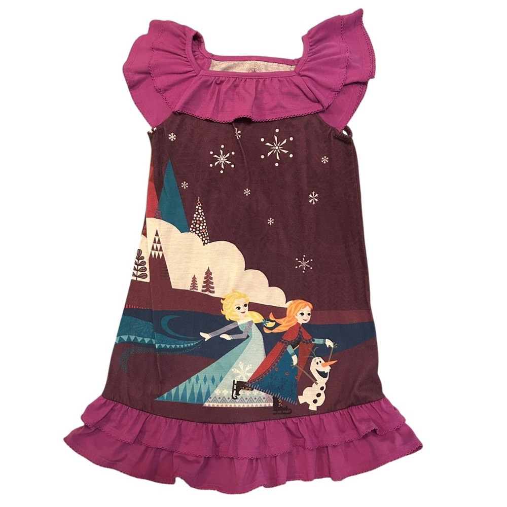Disney Frozen purple flutter sleeve nightgown featuring Anna, Elsa, and Olaf 7/8